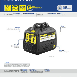 Generador a gasolina inverter 2000 W, 98 cc, voltaje de salida 120 V Surtek