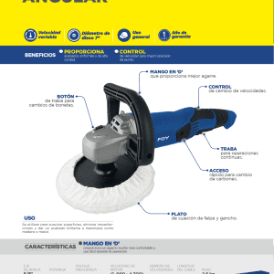 Pulidora angular 7" 1500 - 4200 RPM, 1200 W, 120 V Foy