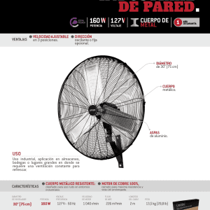 Ventilador de pared industrial 3 velocidades, 30" Urrea