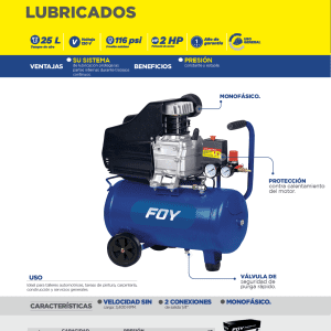 Compresor de aire eléctrico lubricado con pistola y manguera 25 Lt 2 HP 120 V Foy
