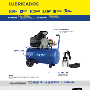 Compresor de aire eléctrico lubricado con pistola y manguera 40 Lt 2 HP 120 V Foy