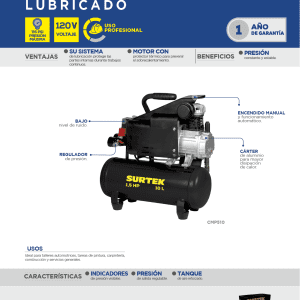 Compresor de aire eléctrico lubricado 10 Lt 1.5 HP, 120 V Surtek