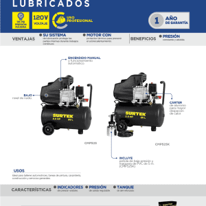 Compresor de aire eléctrico lubricado con pistola y manguera 25 Lt 2.5 HP, 120 V Surtek
