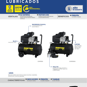 Compresor de aire eléctrico lubricado con pistola y manguera 50 Lt 3 HP, 120 V Surtek