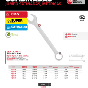 Llave combinada jumbo satinada métrica, 12 puntas, 75mm Urrea