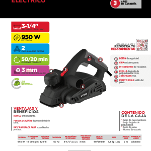 Cepillo eléctrico con perilla de ajuste de profundidad de 0 a 3 mm, 3-1/4", 950 W Urrea