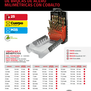 Juego de brocas con cobalto de acero de alta velocidad métricas zanco recto, 25 piezas Urrea