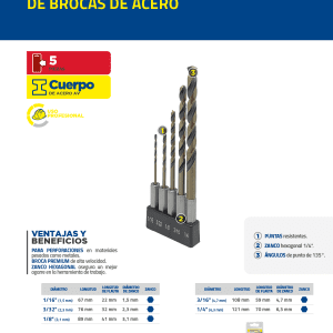 Juego de brocas de acero de alta velocidad zanco hexagonal, 5 piezas Surtek