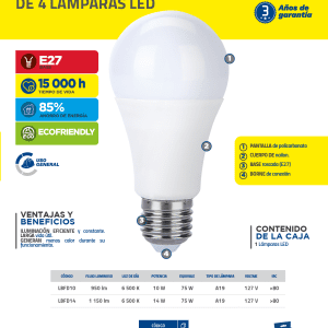 Lámpara de LED tipo bulbo A19, 14 W luz de día Foy