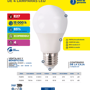 Paquete de 4 lámparas de LED tipo bulbo A19, 8 W luz de día Foy
