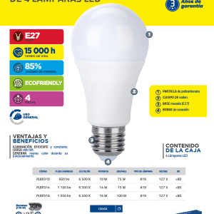 Paquete de 4 lámparas de LED tipo bulbo A19, 16 W luz de día Foy