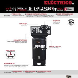 Compresor de aire eléctrico de banda vertical 300L, 3HP, 127V - 220V Urrea