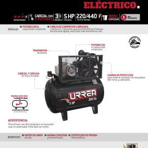 Compresor de aire eléctrico de banda 300L, 5HP, 220V - 440V Urrea
