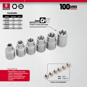 Juego de dados torx hembra cuadro de 1/2", 6 piezas Urrea