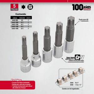 Juego de dados con punta ribe cuadro de 1/2", en riel, 5 piezas Urrea