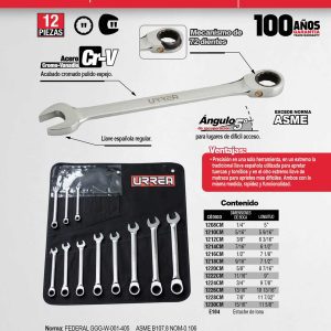 Juego de llaves combinadas pulido espejo de matraca en pulgadas,12 puntas,12 pz en estuche Urrea