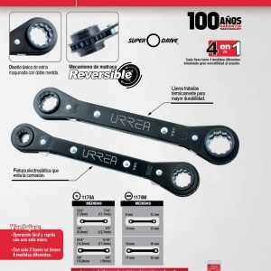 Juego de llaves de estrías de matraca reversible 4 en 1 en pulgadas, 12 pts, 2 pz en rack Urrea