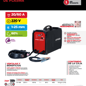 Cortadora de plasma 220 V, 60 A Urrea