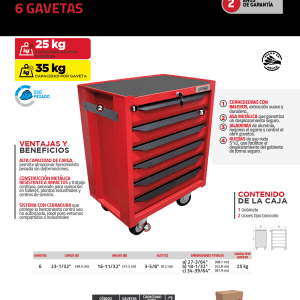 Gabinete móvil con 6 gavetas color rojo y negro 27" serie IN Urrea