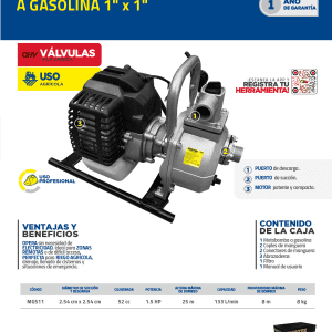 Motobomba a gasolina con diámetro de succión y descarga de 1x1", 1.5 HP Surtek