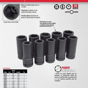 Juego de dados largos de impacto pared delgada cuadro de 3/4", en pulgadas, 10 piezas Urrea