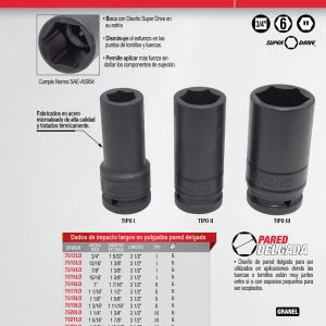 Dado de impacto largo pared delgada cuadro de 3/4", 6 puntas, en pulgadas, 1-3/4" Urrea