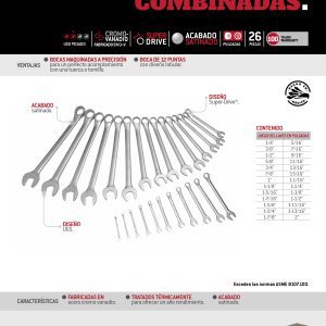 Juego de llaves combinadas satinadas en pulgadas, 12 puntas, 26 piezas en caja Urrea