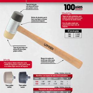 Martillo con tapas plásticas intercambiables con mango de madera de 18", 25 oz Urrea