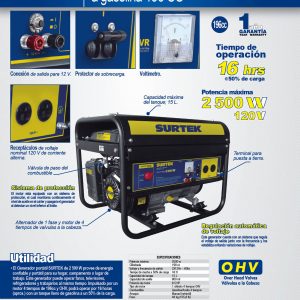Generador a gasolina 2500 W, 196 cc, voltaje de salida 120 V Surtek