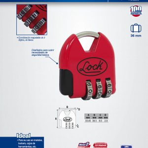 Candado de combinación programable para maleta, rojo, 36 mm Lock