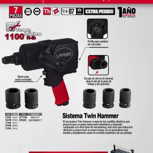 Juego de pistola de impacto neumática cuadro de 3/4" y accesorios métricos, 7 piezas Urrea