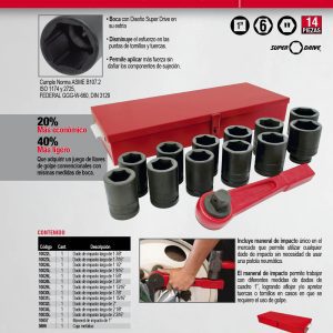 Juego de dados largos y accesorios de impacto cuadro de 1", en pulgadas, 14 piezas Urrea