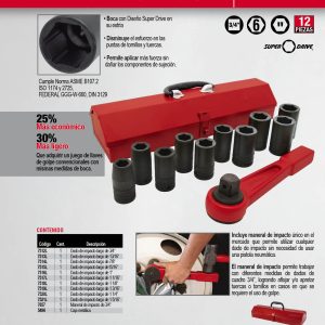 Juego de dados largos y accesorios de impacto cuadro de 3/4", en pulgadas, 12 piezas Urrea