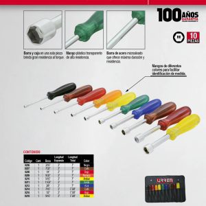 Juego de destornilladores con mango ámbar de colores,de caja en pulgadas, 10 pz en estuche Urrea