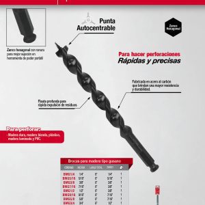 Broca para madera de acero al carbono tipo gusano 5/16 zanco de 5/16" Urrea