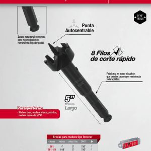 Broca para madera de acero forstner 1-1/8" zanco de 7/16" Urrea