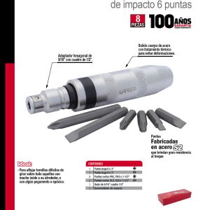 Juego de destornillador de golpe con puntas intercambiables, 8 piezas en caja plástica Urrea