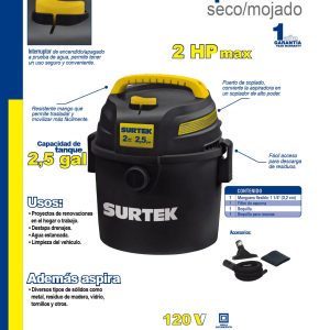 Aspiradora de plástico 2.5 galones, 2 HP 120 V Surtek