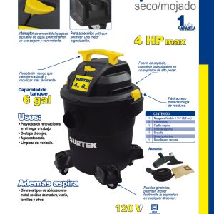 Aspiradora de plástico 6 galones, 4 HP 120 V Surtek