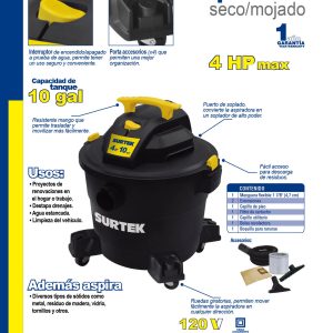 Aspiradora de plástico 10 galones, 4 HP 120 V Surtek