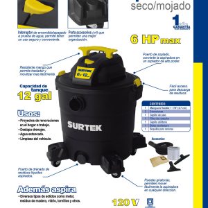 Aspiradora de plástico 12 galones, 6 HP 120 V Surtek