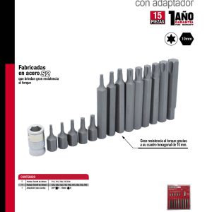 Juego de puntas torx cortas y largas hexágono de 3/8" con adaptador, 15 piezas en blíster Urrea