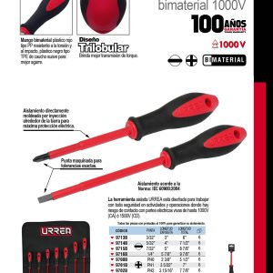 Destornillador con mango bimaterial 1000 V, punta phillips #0 x 2-3/8" Urrea