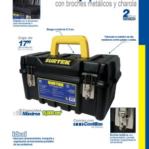 Caja portaherramientas plástica con broches metálicos color negro 17" x 9" x 8" Surtek