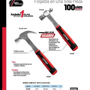 Martillo de uña forjado en una pieza con mango anti-vibración texturizado de 13-9/16", 20 oz Urrea