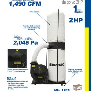 Colector de polvo 2 x 4" 2 HP 120 V, 3400 RPM Surtek