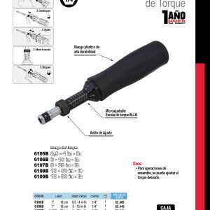 Destornillador de torque microajustable con mango plástico cuadro de 1/4", 3-15 in-lb Urrea