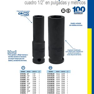 Dado de impacto largo cuadro de 1/2", 6 puntas, métrico, 12 mm Surtek