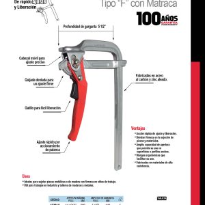 Prensa tipo "F" de 23-1/2" acero al carbón con sistema de matraca Urrea