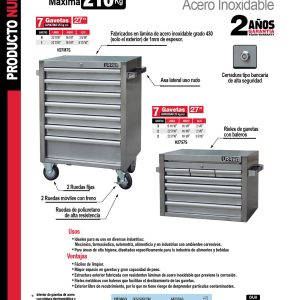 Gabinete acero inoxidable móvil 7 gavetas serie H 27" Urrea